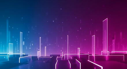 Abstract futuristic cityscape with glowing neon lines, vibrant blue and purple gradient.