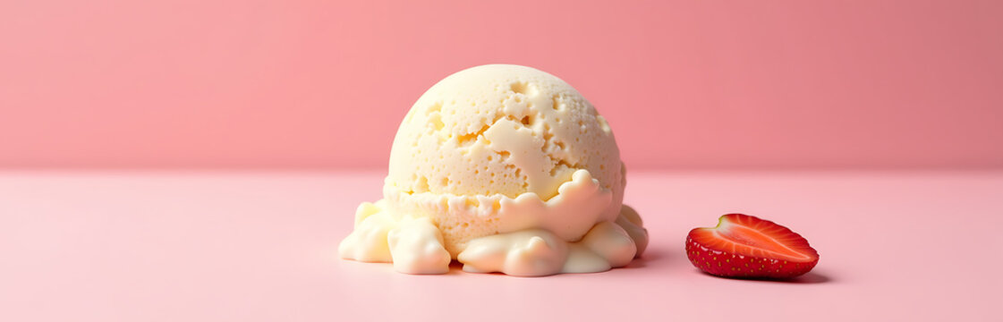 scoop creamy vanilla ice cream sits atop vibrant pastel pink surface alongside dollop strawberry ice cream soft focus