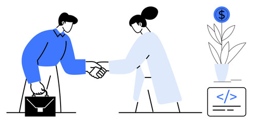 Professionals shaking hands, briefcase and coding element emphasizing collaboration, technology, investment, trust, productivity, business relationships, and teamwork as a simple flat metaphor