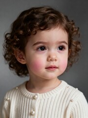 Fototapeta premium Closeup portrait of a cute toddler girl with curly brown hair and rosy cheeks, wearing a pearlbuttoned sweater