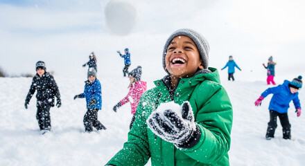 Kids throwing snowballs, children playing together in winter snow having fun outdoors on bright cold day