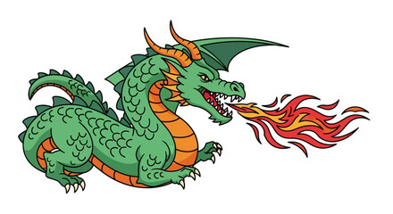 Obraz premium Illustration of a green dragon breathing fire, mythical creature, fantasy art