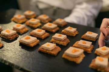 foie, foie de pato, salado, frio, rico, sabroso, apetitoso, foie de grass, servir, cóctel, entrada, restaurante, servir, bandejeo, macro