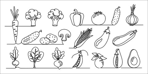 Set of hand drawn vegetable icons including carrot, broccoli, bell pepper, tomato, cucumber, onion, potato, mushroom, corn, eggplant, zucchini, radish, spinach, peas, avocado, and lemon. 