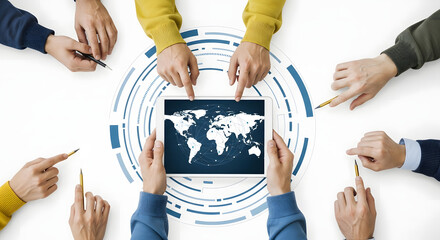 Top view of a diverse business team using a digital tablet with a world map for global strategy and international collaboration
