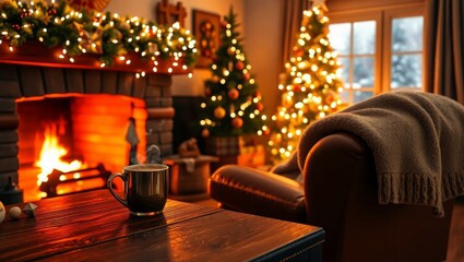 Cozy Christmas Eve with hot cocoa by the fireplace