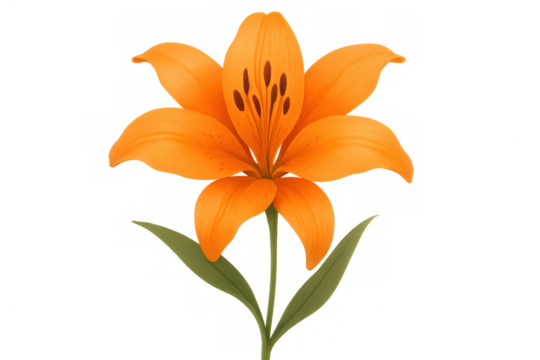Orange lily flower illustration with green leaves and full blossom, a natural graphic element on a transparent background - Powered by Adobe