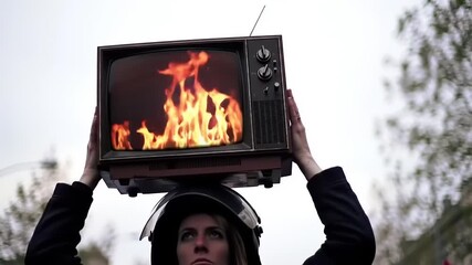 Person holding retro TV with flames. - Powered by Adobe
