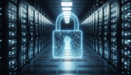 Dynamic digital padlock glowing in a futuristic server room symbolizing ultimate data security and network protection