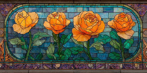 Beautiful Orange Roses Floral Art Stained Glass Window Design with Green Leaves