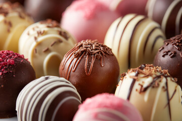 Assorted gourmet chocolate truffles with various decorative toppings and rich creamy textures arranged closely for an indulgent sweet treat experience