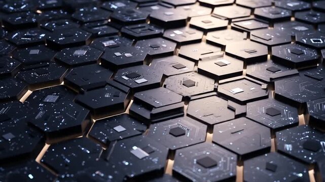 Advanced Technology Visualization: Hexagonal Grid with Circuitry and Glowing Edges Reveals