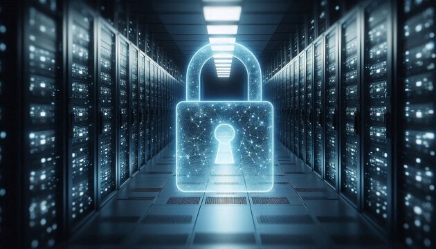 Dynamic digital padlock glowing in a futuristic server room symbolizing ultimate data security and network protection