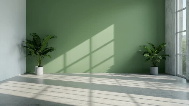 Minimalist living room interior with green painted wall, natural sunlight through large window, and decorative indoor plants in modern pots