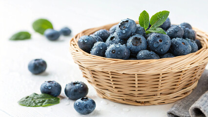 Blueberry in basket and few blueberries on white surface in white background
