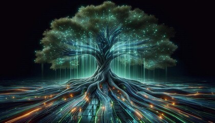Experience the vibrant pulse of digital innovation with a stunning, luminous tree of life concept, symbolizing growth and interconnected data streams