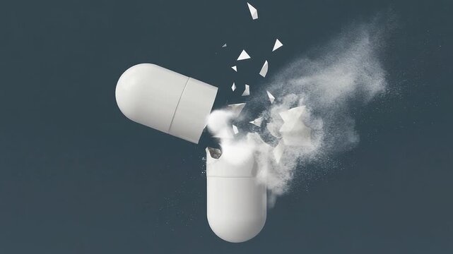Sequence captures white capsules bursting open, releasing powder and fragments, emphasizing dynamic motion and visual impact