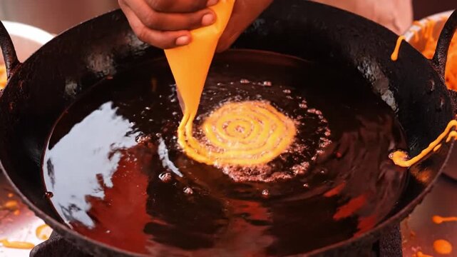 Making a perfect jalebi spiral in slow motion.