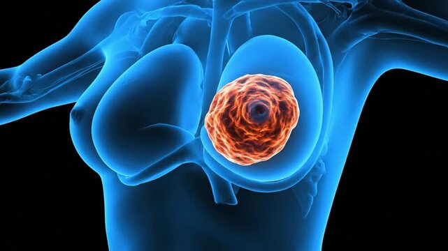 3D medical animation of a breast cancer tumor in a female body. Oncology, disease, and health concept.