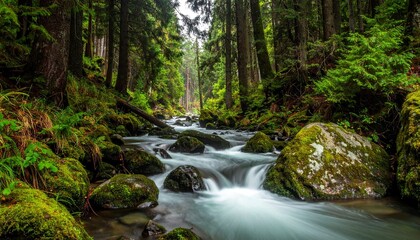 River flowing through lush green forest.