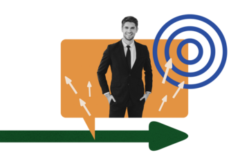 Exclusive art banner collage of happy businessman wear formal suit target development arrow bubble communication chat success