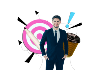 Composite trend artwork sketch image photo collage of office work success business young man stand smile huge pen aim target cup coffee