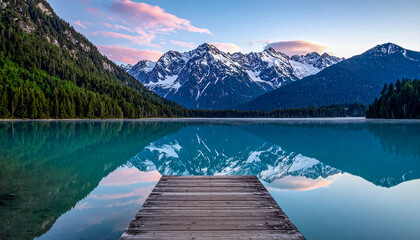 Serene Mountain Lake with Wooden Pier and Reflecting Peaks