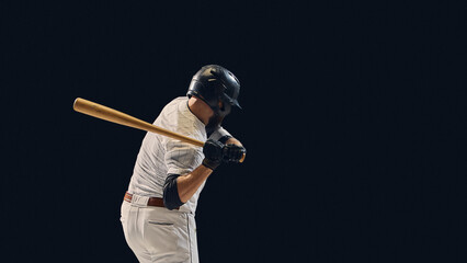 Baseball batter lowering bat before swing showing pre-impact shoulder control. Concept of biomechanics visualization, and sports motion sequences for coaching and analysis use.