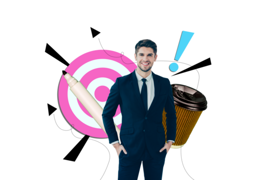 Composite trend artwork sketch image photo collage of office work success business young man stand smile huge pen aim target cup coffee