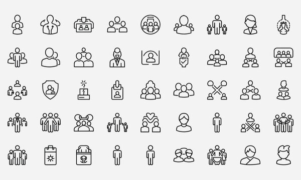 Collection of Line Icons Representing People, Groups, Communities, and Social Structures in Various Forms