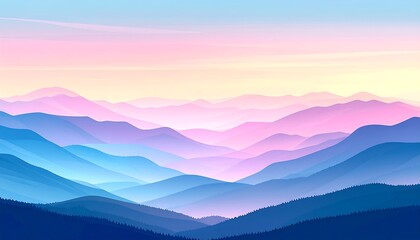 Fototapeta premium Layers of blue, purple, and pink mountains fade into the distance beneath a soft, pastel sky
