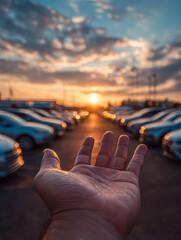Outstretched hand reaching toward a glowing sunset between rows of parked cars under a dramatic evening sky with scattered clouds