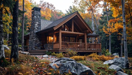 Rustic Cabin in Autumn Forest.