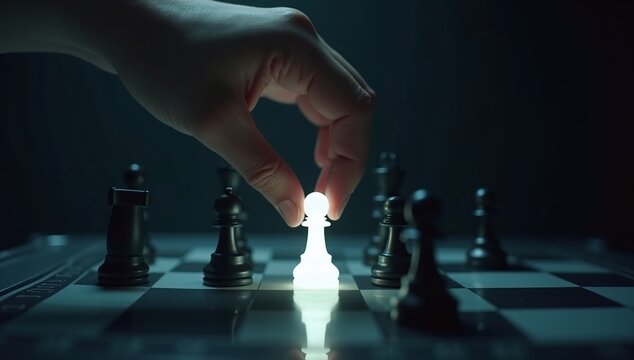 Strategic hand places glowing white pawn on chessboard, symbolizing decisive move and forward thinking in business competition