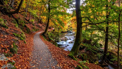 Obraz premium Leaf-strewn path curves beside a rushing stream, flanked by trees in autumnal shades of orange, yellow, and green