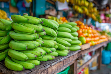 Fresh green plantains stacked on wooden market stall with vibrant citrus fruits in the background on a bustling fruit vendor display