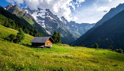 Rustic cabin in mountain valley landscape.