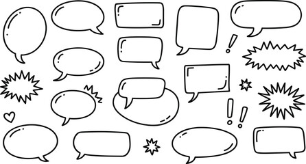Hand drawn speech bubbles collection with comic style doodle chat frames and empty dialogue callout shapes on white background
