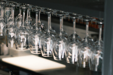 Close-up of an upside-down stemmed wine glass