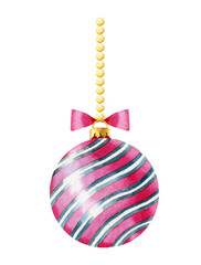 Watercolor holiday ornament.  Tree pink ornament with cute pink bow isolated on  white background. New years ball.