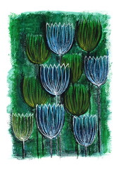 A stylized image of a field of flowers, executed in mixed media on a dense, textured background. The flowers are bud- or bulb-shaped and arranged in clusters. 