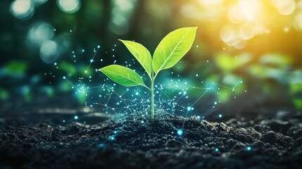 Tech plant growth illustrating fusion of nature and technology for promoting sustainable innovation
