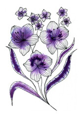 A stylized bouquet of flowers, executed using a combination of fine graphics and watercolor wash. Three large flowers are located at the bottom, and above them is a cluster of smaller flowers. 