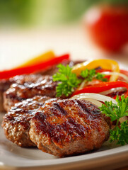 Grilled seasoned beef patties served on a plate with colorful roasted bell peppers, onions, and fresh parsley garnish in a close-up food presentation