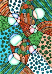 The illustration features a dense and detailed abstract pattern that combines organic shapes, geometry, and rich texture. The design is executed in a vibrant yet warm palette.