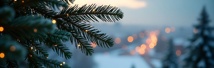 majestic evergreen christmas tree branch suspended serene winter wonderland backdrop twinkling lights misty new year eve