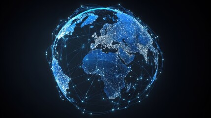 Fototapeta premium 3D-rendered globe with bright blue network links connecting major cities, symbolizing worldwide internet connectivity, digital communication, and global business, isolated on dark gradient background.