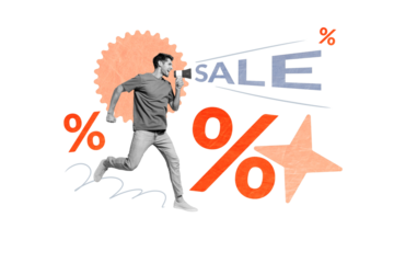 Composite trend artwork sketch image collage of shopping consumerism banner sale discount percent buy young guy run proclaim loudspeaker