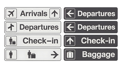 Navigate your journey effortlessly with clear airport signage for arrivals, departures, check-in, and baggage claim