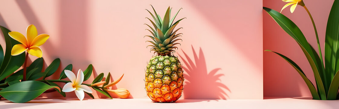 lush vibrant pineapple sits prominently soft pink background surrounded lush greenery colorful tropical flowers warm - Powered by Adobe